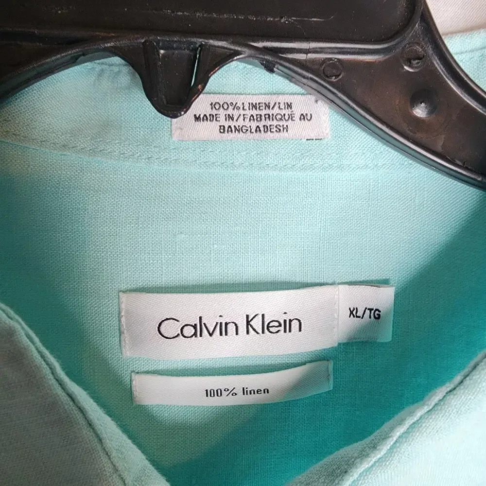 Calvin Klein Turquoise Green 100% Linen  Button Up Shirt Size XL Pristine - Picture 3 of 5